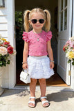 Knitted pink ruffle short sleeves pearls top & tutu skirt 2pc girls set 251292M A3S1