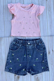 Rhinestone crop & floral embroidery shorts 2pc girls set 251293M A3S1