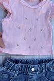 Rhinestone crop & floral embroidery shorts 2pc girls set 251293M A3S1