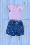 Rhinestone crop & floral embroidery shorts 2pc girls set 251293M A3S1