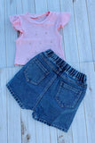 Rhinestone crop & floral embroidery shorts 2pc girls set 251293M A3S1