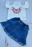 Cold shoulder sleeves floral printed white top & denim skirt 2pc girls set 251294M A10S8