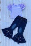 Lavander puff short sleeve top & pearls bell bottom jeans 2pc girls sets 251295M A10S8