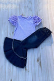 Lavander puff short sleeve top & pearls bell bottom jeans 2pc girls sets 251295M A10S8