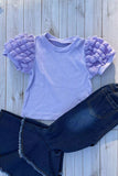 Lavander puff short sleeve top & pearls bell bottom jeans 2pc girls sets 251295M A10S8