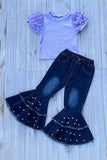 Lavander puff short sleeve top & pearls bell bottom jeans 2pc girls sets 251295M A10S8