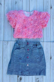 Pink rose cropped top & denim skirt with heart pockets 2pc girls set 251296M