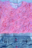 Pink rose cropped top & denim skirt with heart pockets 2pc girls set 251296M