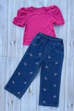 Pink short sleeve top & pink bow embroidery jeans 2pc girls set 251297M