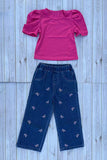 Pink short sleeve top & pink bow embroidery jeans 2pc girls set 251297M