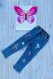 Butterfly printed top & flower embroidery denim legging 2pc girls set 251299M