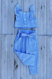 Cropped blue striped top & pant & belt girls sets 251301M A3S1