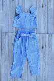 Cropped blue striped top & pant & belt girls sets 251301M A3S1