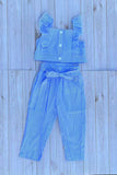 Cropped blue striped top & pant & belt girls sets 251301M A3S1