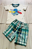 Octopus patch white top & green checkered shorts 2pc boy's set 251307M