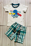 Octopus patch white top & green checkered shorts 2pc boy's set 251307M