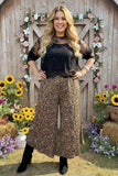 Clearance -- Brown leopard ruffle wide leg stretchy women pant XCH16776