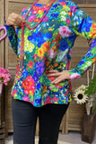 XCH15694 Multi color floral printed long sleeve women tops