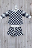 Navy blue checkered long sleeve top & Shorts 2pc girls set XCH04055