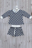 Navy blue checkered long sleeve top & Shorts 2pc girls set XCH04055