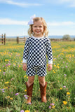 Navy blue checkered long sleeve top & Shorts 2pc girls set XCH04055