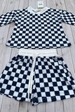 Navy blue checkered long sleeve top & Shorts 2pc girls set XCH04055