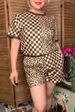 Restock--Western leopard & checkered shorts 2pc women boutique set Southern Stitch XCH17029