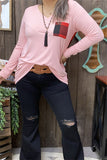 BQ8142 Pink long sleeve w/plaid printed back women tops w/front pocket (ES2)