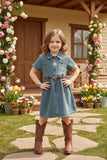 Washed denim short sleeve girls dress w/pockets and belt 2601002M