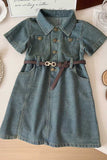 Washed denim short sleeve girls dress w/pockets and belt 2601002M