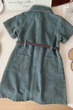 Washed denim short sleeve girls dress w/pockets and belt 2601002M