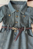 Washed denim short sleeve girls dress w/pockets and belt 2601002M