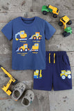 Construction truck printed blue top & embroidery shorts 2pc boy's set 2601004M