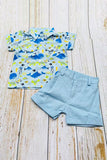 Whale & fish printed short sleeve shirts & blue shorts 2pc boy's set 2601011M A15S1