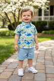 Whale & fish printed short sleeve shirts & blue shorts 2pc boy's set 2601011M A15S1