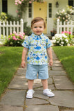 Whale & fish printed short sleeve shirts & blue shorts 2pc boy's set 2601011M A15S1