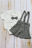 Soft gauze white short sleeve onesie & suspender shorts & bow tie boy's set 2601012M A15S3