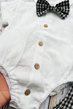 Soft gauze white short sleeve onesie & suspender shorts & bow tie boy's set 2601012M A15S3