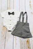 Soft gauze white short sleeve onesie & suspender shorts & bow tie boy's set 2601012M A15S3