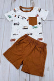 Construction vehicles short sleeve top & brown shorts 2pc boy's set 2601014M
