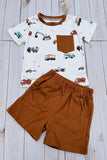 Construction vehicles short sleeve top & brown shorts 2pc boy's set 2601014M