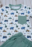 Construction vehicles short sleeve top & blue shorts 2pc boy's set 2601015M