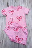 Pink bows printed short sleeve top & shorts 2pc girls sets 2601016M