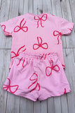 Pink bows printed short sleeve top & shorts 2pc girls sets 2601016M