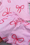 Pink bows printed short sleeve top & shorts 2pc girls sets 2601016M