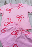 Pink bows printed short sleeve top & shorts 2pc girls sets 2601016M