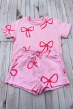 Pink bows printed short sleeve top & shorts 2pc girls sets 2601016M