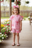 Pink bows printed short sleeve top & shorts 2pc girls sets 2601016M