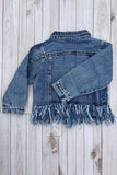 Western washed blue frayed-hem long sleeve denim coat girls jacket 2601017M