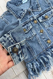 Western washed blue frayed-hem long sleeve denim coat girls jacket 2601017M